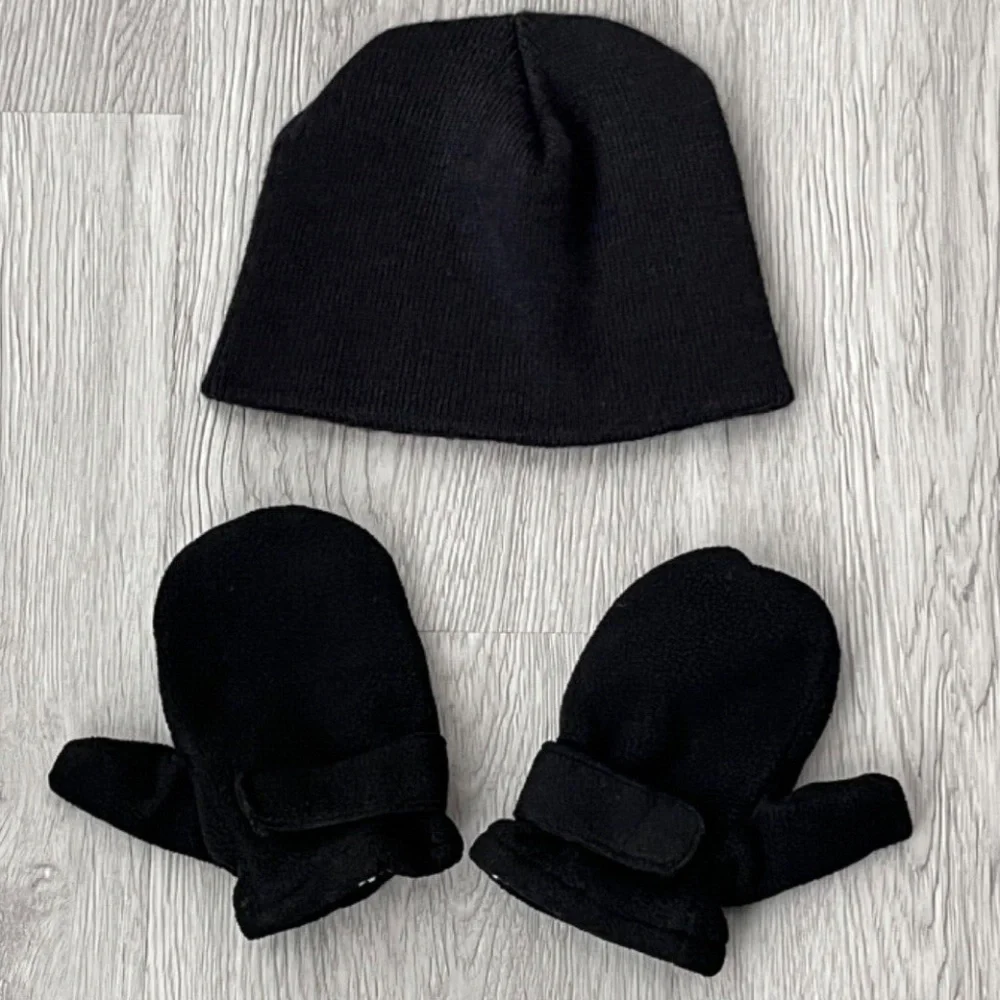 Toddler Kids Black Knit Beanie Hat & Mittens Set One Size